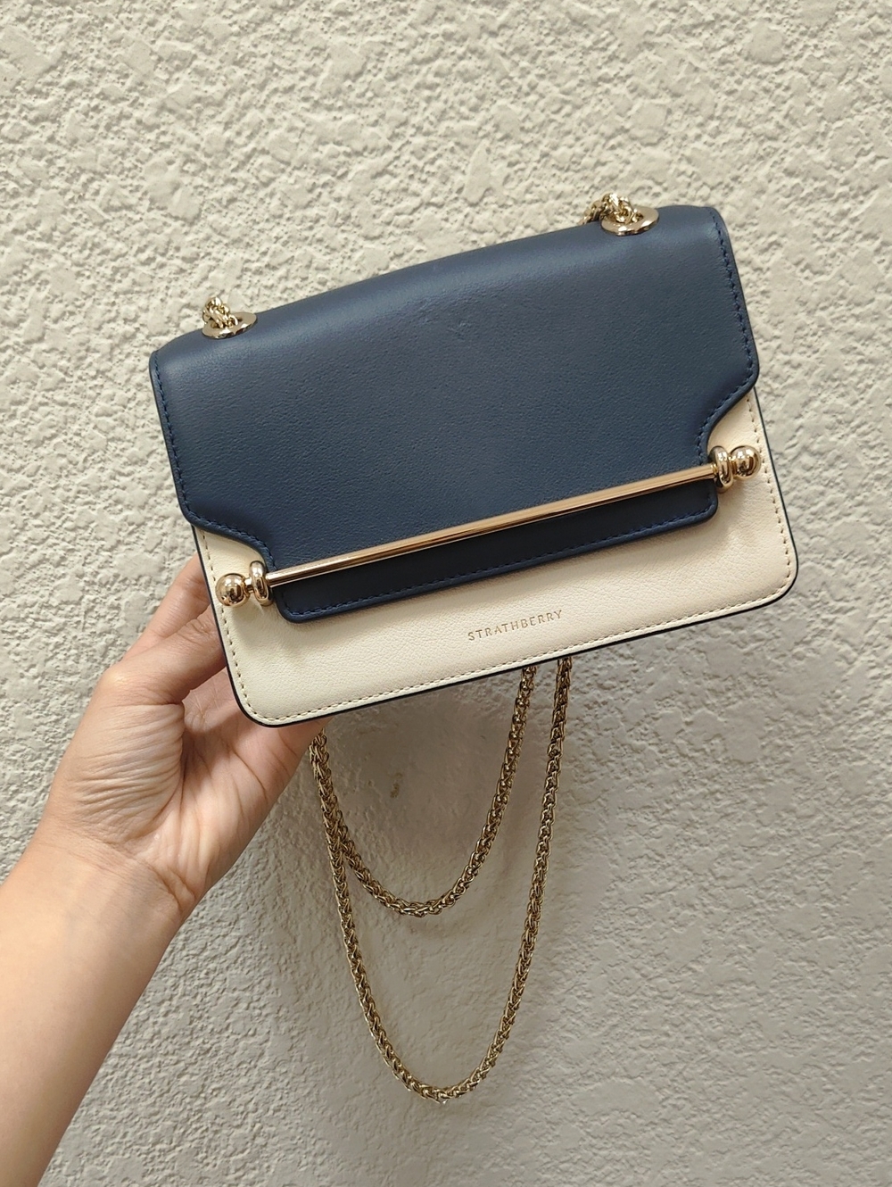 Strathberry East/West Mini Bag In Navy Vanilla And Burgundy
